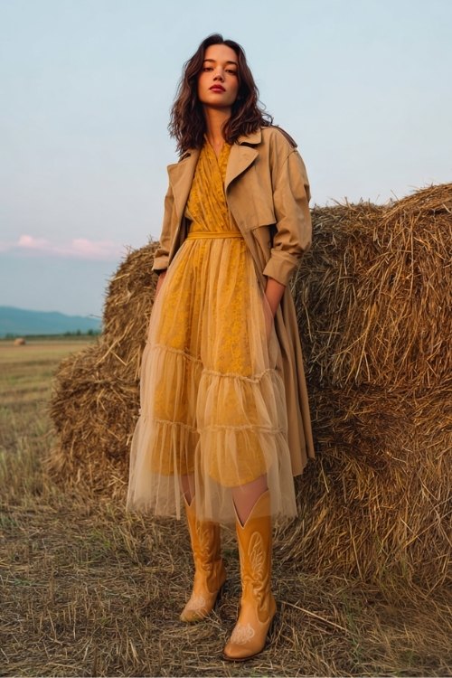a woman in a goldenrod midi dress with a layered tulle skirt and sheer floral-print sleeves, paired with tan cowboy boots
