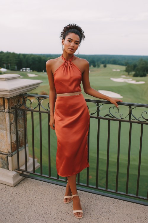 A woman in a burnt orange satin midi dress with a high halter neckline and tie-back detail, paired with cream ankle-strap heels and a thin metallic belt