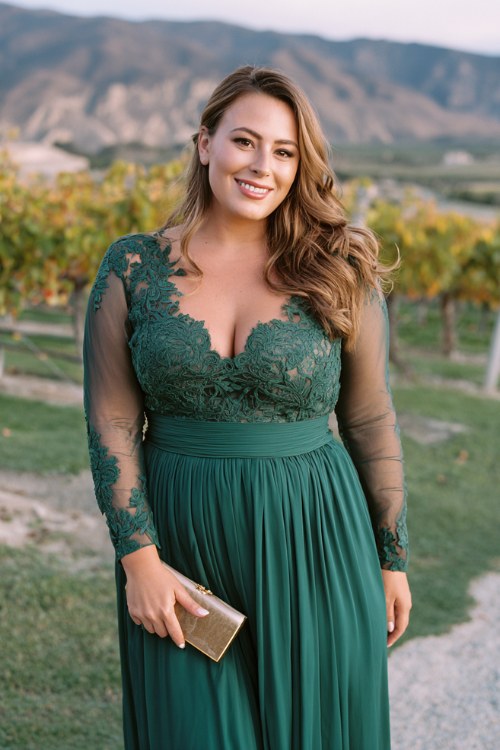 A curvy woman wears a sheer-sleeve emerald green gown with lace appliqueÃÂ details and a flowing skirt (2)