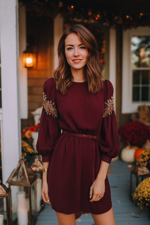 A woman in a deep wine-colored satin slip dress with a fur shawl