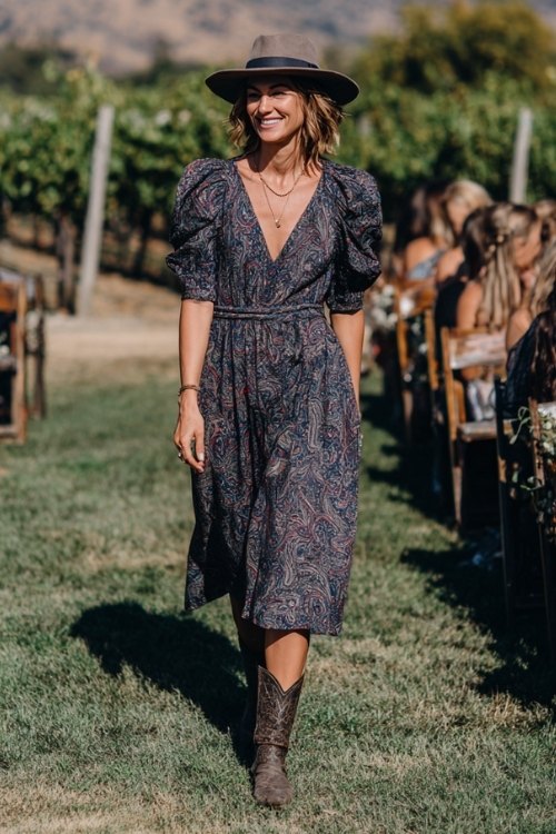 A woman in a navy and rust paisley-print midi dress with a smocked waist and puff sleeves, styled with distressed leather cowboy boots and a felt fedora