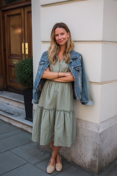 a woman wears a sage green wedding guest dress with a denim jacket