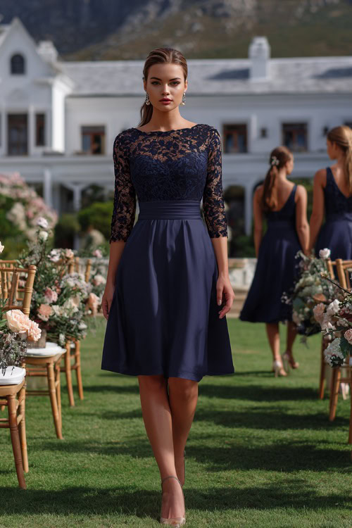 A woman in a navy short A-line dress with lace sleeves and pearl earrings, walking across a lawn with chairs and floral aisle decor, full body view