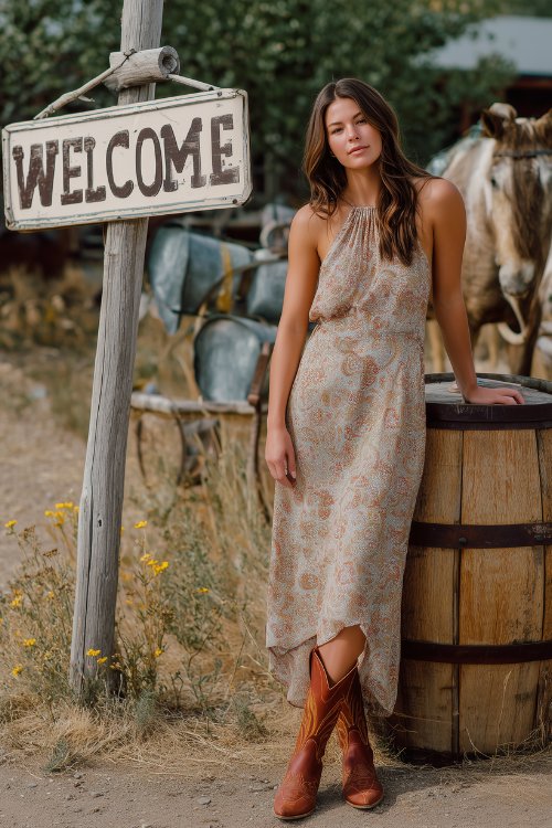 A woman in a white and brown paisley print maxi dress with a high neckline and open back, styled with rust-colored cowboy boots