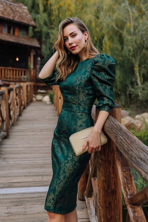 A woman wears a patterned jacquard midi dress in deep green with puff sleeves, holding a clutch