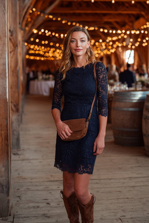A woman wears a navy blue lace midi dress with three-quarter sleeves, styled with brown Western boots and a leather crossbody bag