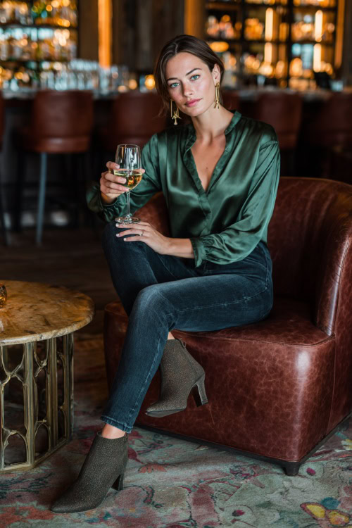 A woman in dark wash jeans, a silky emerald blouse, and pointed-toe ankle boots, holding a wine glass at a stylish fall bar lounge, full body outfit visible