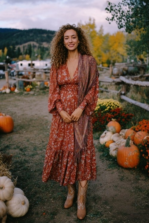 A woman wears a long-sleeve midi dress with an autumn floral print in warm orange and burgundy tones, paired with ankle cowboy boots and a cozy shawl