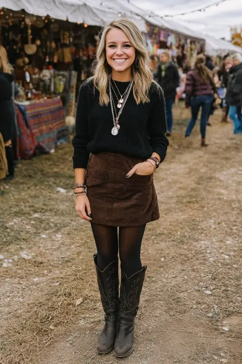 a woman wears a black cowboy boots outfit with a black sweater, a brown skirt for fall