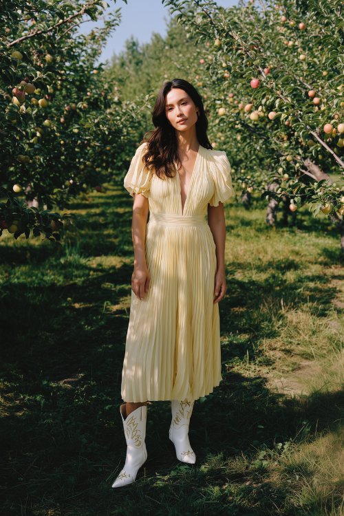 A woman in a white maxi dress with pastel floral print and a sheer overlay, paired with white cowboy boots