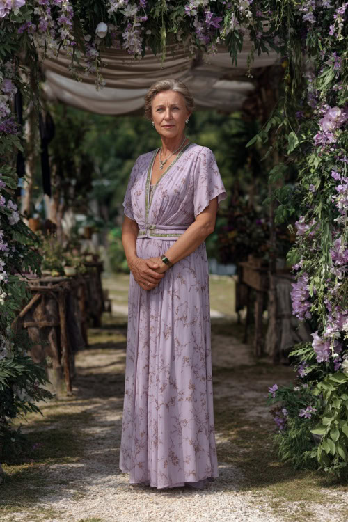 A woman over 60 in a tea-length pastel lilac dress with short flutter sleeves and a thin belt, standing beneath a canopy of floral vines at a countryside ceremony