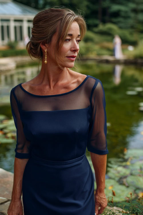 A woman over 60 wearing a navy blue midi dress with a boat neckline and sheer overlay, standing at the edge of a pond during a formal garden wedding