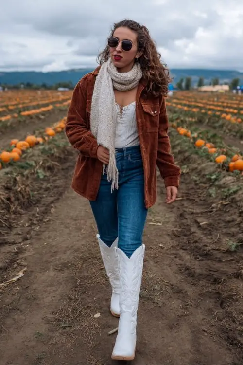A curvy woman wears tall white cowboy boots with blue skinny jeans, a rust-colored flannel, and a cozy scarf