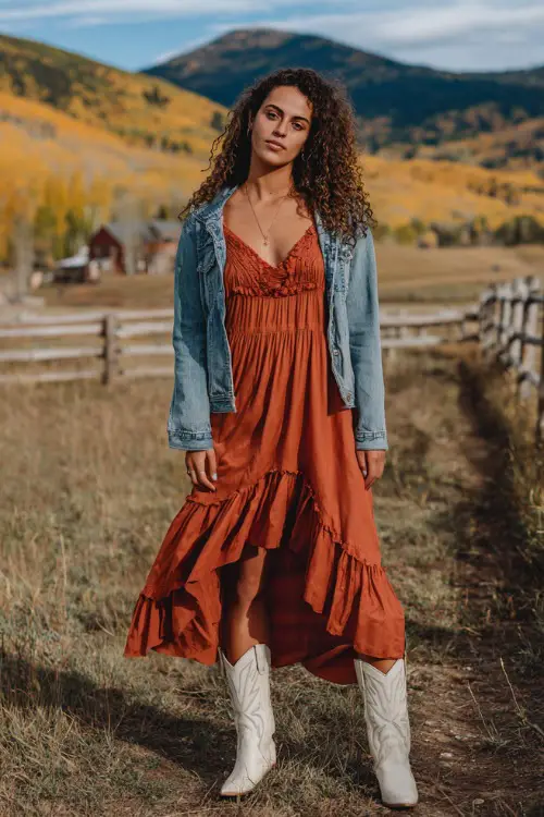 A woman wears a flowy rust-orange maxi dress with ruffle details, layered with a denim jacket and paired with cream cowgirl boots