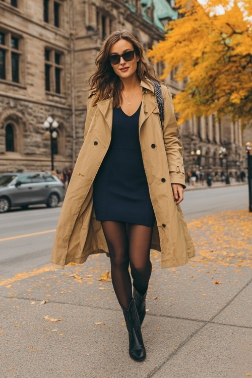 A woman wears a navy shift dress, black tights, and pointed black cowboy boots