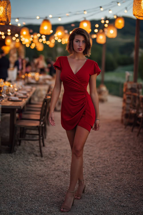 A woman in a bold red short wrap dress with short sleeves and neutral sandals, standing near hanging lanterns and cocktail tables at an outdoor wedding reception