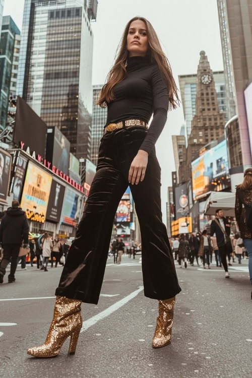 a woman wears sparkly gold cowboy boots with a black turtleneck and pants