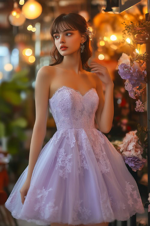 A chic woman in a pastel lavender sleeveless A-line midi dress with floral lace accents, a sweetheart neckline