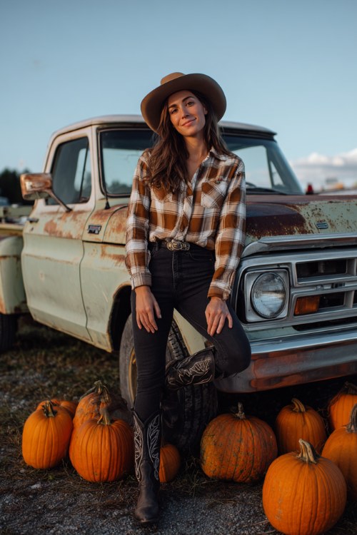A woman wears black jeans, black cowboy boots, and a brown-and-white flannel