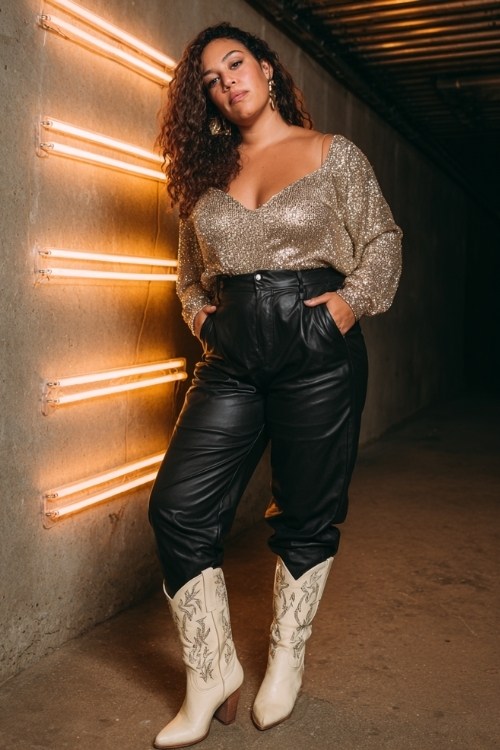 A plus size woman wears black leather leggings with a sequin top and embroidered cowboy boots