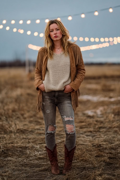 A woman wears a chunky knit sweater tucked into distressed jeans, styled with a fringe suede jacket and western boots, standing in a cold fall field under string lights