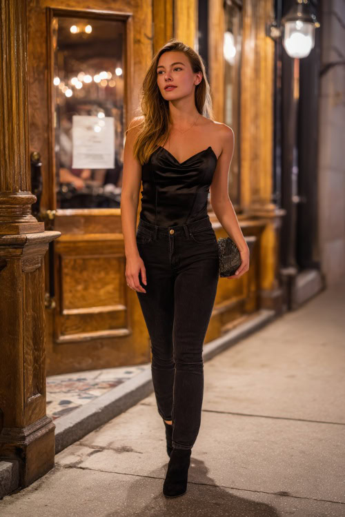 A woman in dark skinny jeans, a black satin camisole, and heeled ankle boots, holding a clutch while walking into a city bar on a fall night, full body outfit visible