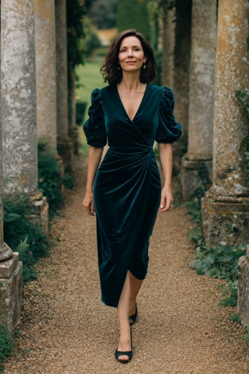a woman over 50 in a dark teal velvet wrap midi dress with puff sleeves, walking through a garden pathway