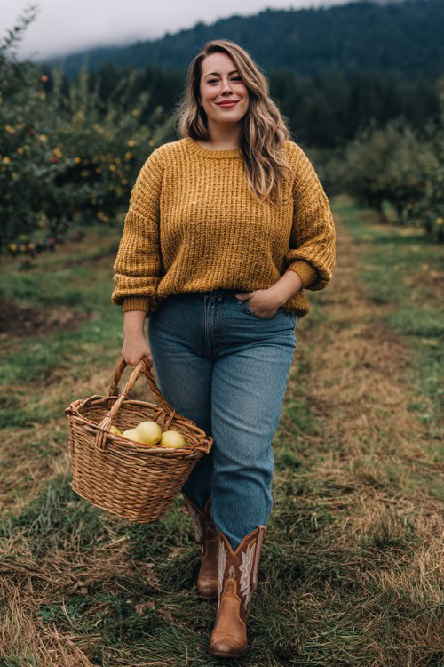 A plus-size woman over 30 wears medium-wash jeans, a mustard yellow knit pullover, and two-tone cowboy boots