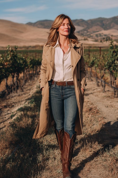 A woman over 40 wears bootcut jeans with a tucked-in ivory button-down shirt, paired with sleek brown cowboy boots and a camel trench coat