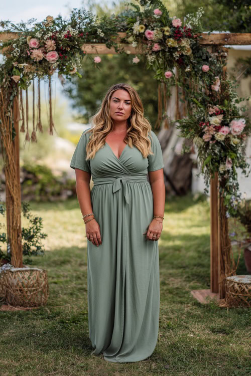 A plus-size woman wearing a sage green maxi dress with short sleeves and a defined waist, standing under a boho-inspired wedding arch with hanging florals