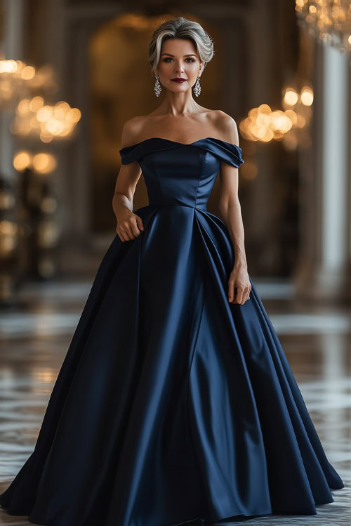 A sophisticated woman over 40 in a deep navy blue floor-length satin gown with an elegant off-the-shoulder neckline and a fitted bodice