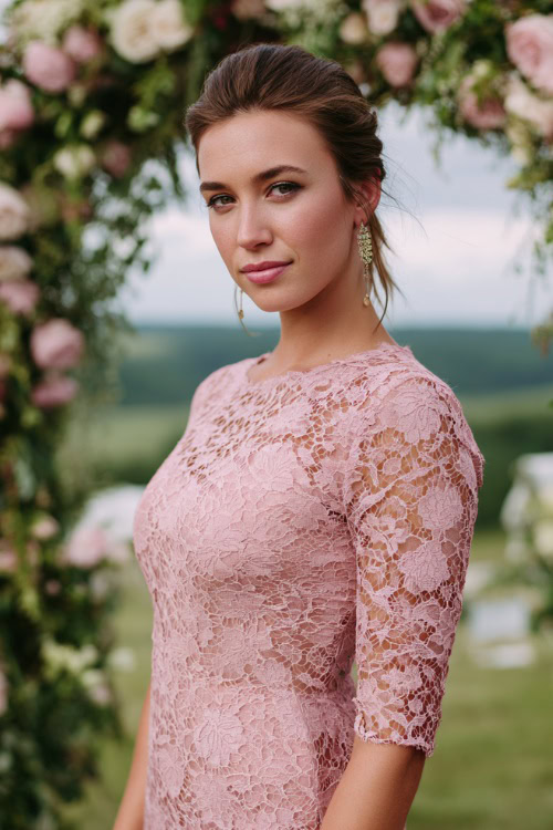 A woman wearing a blush pink lace sheath dress with elbow-length sleeves and drop earrings, standing beneath a floral arch at a formal outdoor wedding