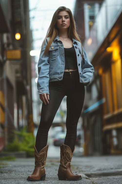 a woman wears leggings, a black top, brown cowboy boots with a denim jacket