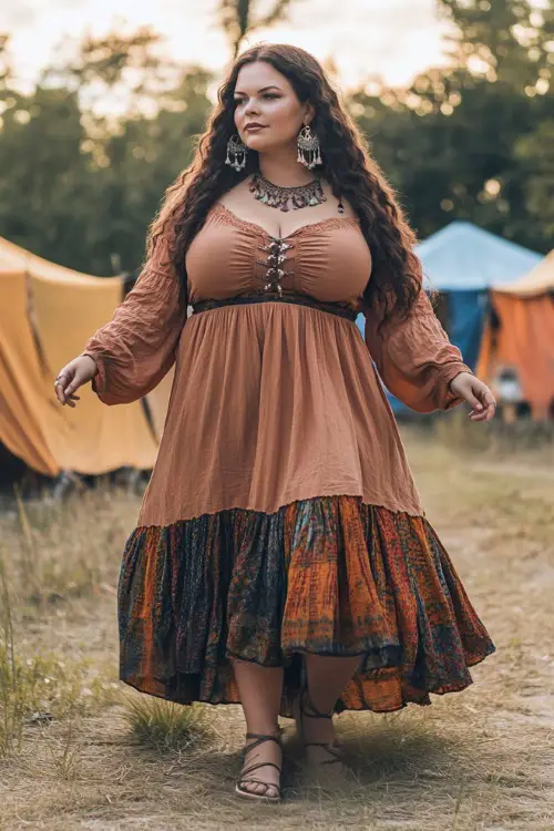 A plus-size woman wearing a smocked peasant blouse with long bell sleeves and a flowy tiered skirt, styled with strappy sandals and boho earrings
