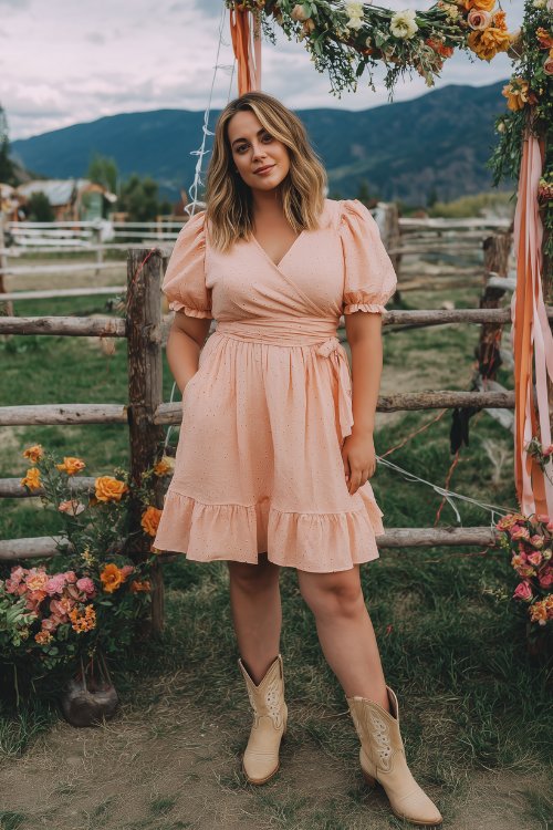 A plus-size woman in a light coral eyelet wrap dress with puff sleeves and a ruffle hem, paired with embroidered beige cowboy boots