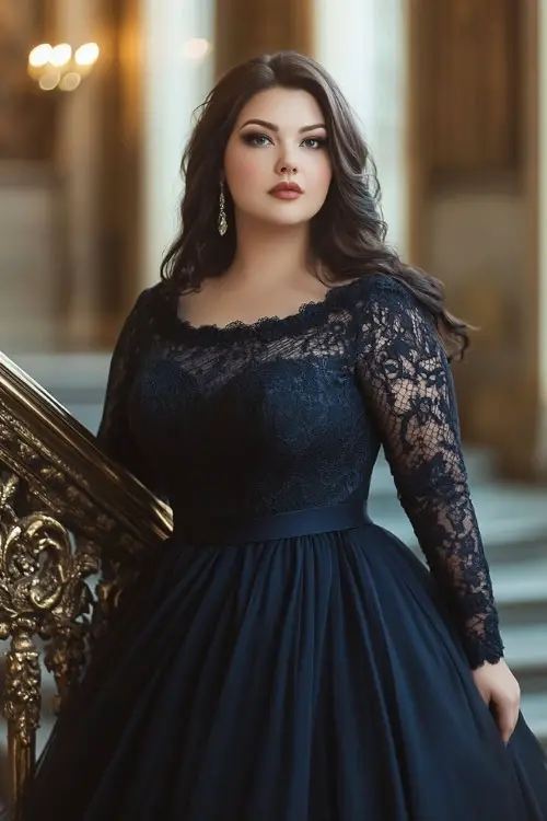 Elegant plus-size lady in a long-sleeved navy dress with a high waist and lace overlay, standing by an ornate staircase in a softly lit hall