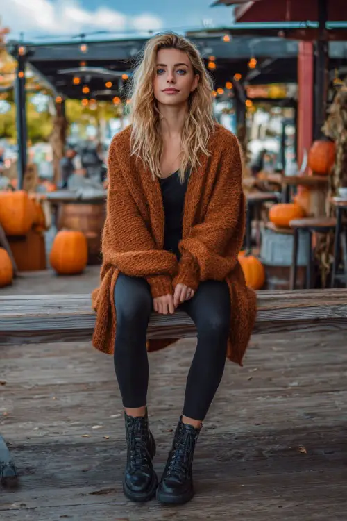 A woman in a cozy oversized cardigan, black leggings, and lace-up ankle boots, sitting on a casual bar patio surrounded by pumpkins and fall leaves