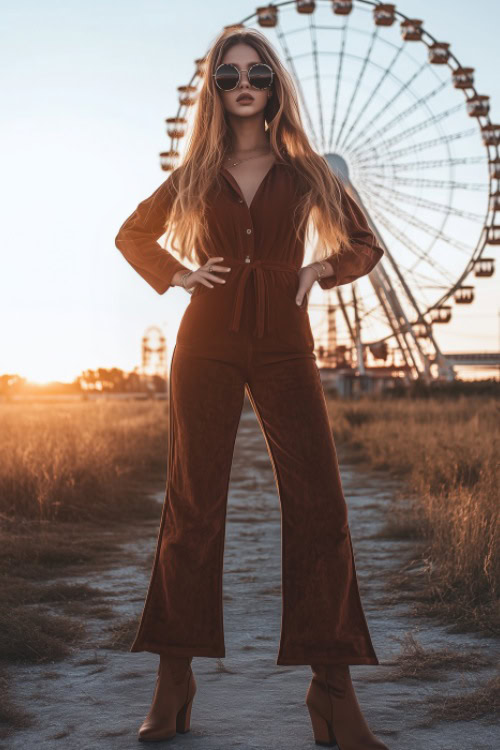 A boho-chic woman in a deep brown suede jumpsuit with flared legs, accessorized with brown cowboy boots and oversized sunglasses