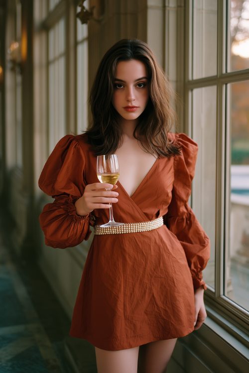 A woman wears a rust-colored mini dress with balloon sleeves and a pearl-detailed waistband