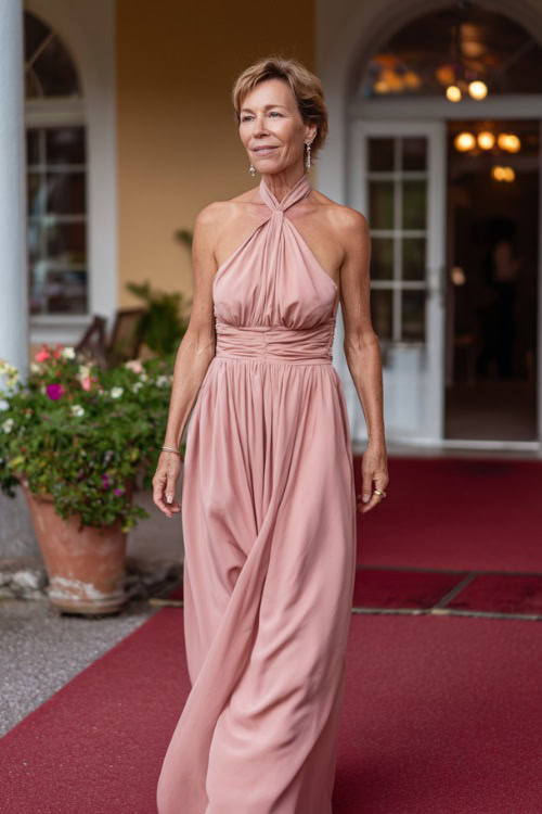 A woman over 50 in a soft pink halter-neck gown with a gathered waist and drop earrings, walking on a red carpet outside a wedding hall, full body view