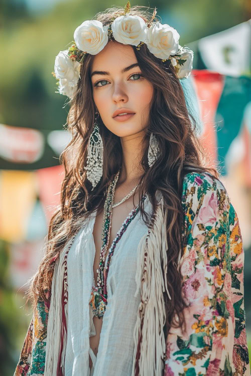 A stylish woman in a fringe kimono over a cotton dress, accessorized with a white rose flower crown and layered boho jewelry, standing near festival flags