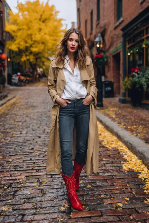 A woman over 40 wears red cowboy boots, dark skinny jeans, a white blouse, and a long tan trench coat