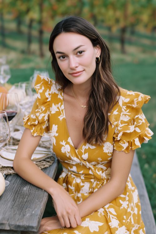 A petite woman in a marigold midi dress with white floral block print and soft ruffles