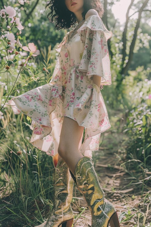 a woman wears sparkly cowboy boots and a short floral dress