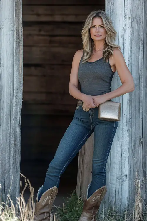 A stylish woman over 40 in a fitted sleeveless top, tailored bootcut jeans, and tall heeled cowboy boots, accessorized with a metallic clutch bag
