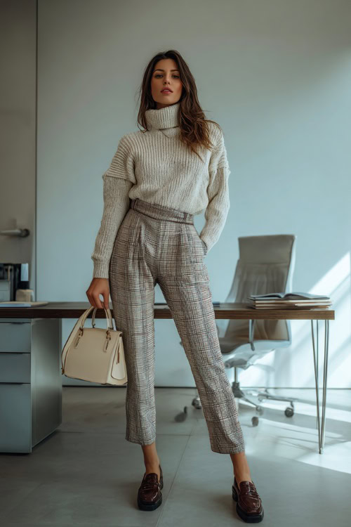 Woman in a knit turtleneck sweater tucked into high-waisted plaid trousers, loafers, and a structured handbag, posing confidently in front of a minimalist office desk