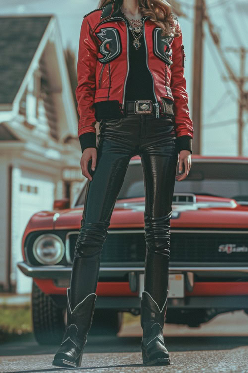 a woman wears black cowboy boots with a sports jacket and leather pants