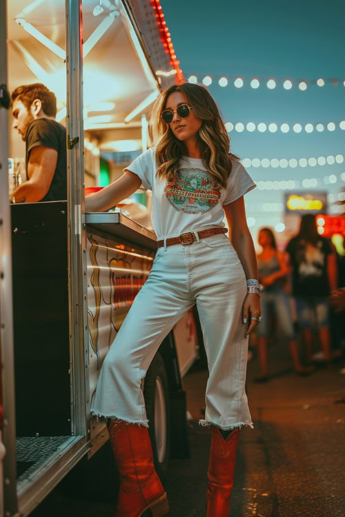 a woman wears t shirt and red cowboy boots for concert