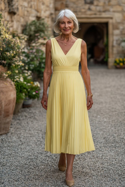 A woman over 60 wearing a lemon yellow midi dress with a V-neckline and soft pleats, walking through a stone garden courtyard at a summer reception
