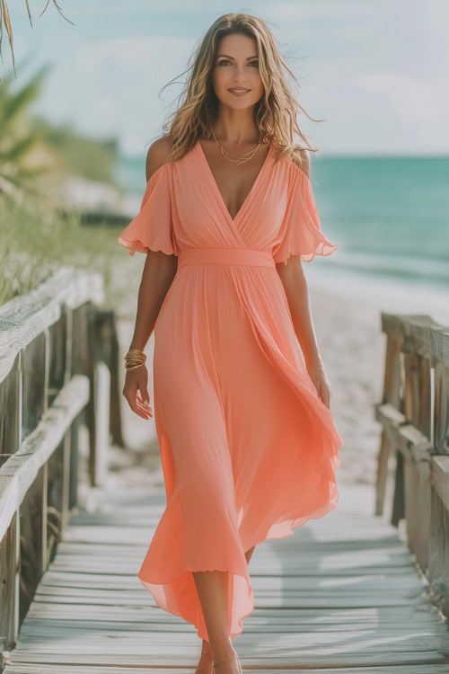 A stylish woman over 40 in a soft coral wrap dress with flutter sleeves and a high-low hem, wearing delicate gold jewelry and wedge sandals